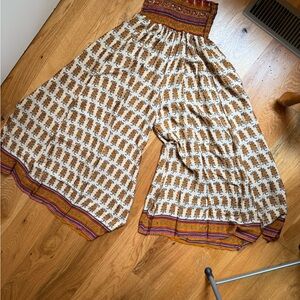 Bohemian Wide-Leg Silk Pants in Cream and Brown